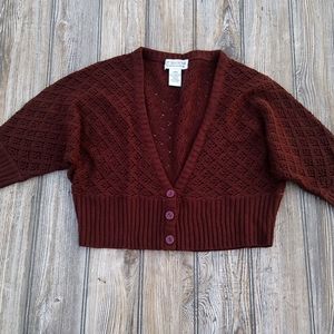 Brown Crochet Knit Cropped Button Front Cardigan Sweater Top